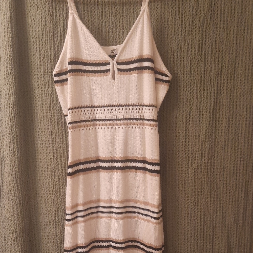 Chic Striped Knit Midi Dress in Cream and Brown
